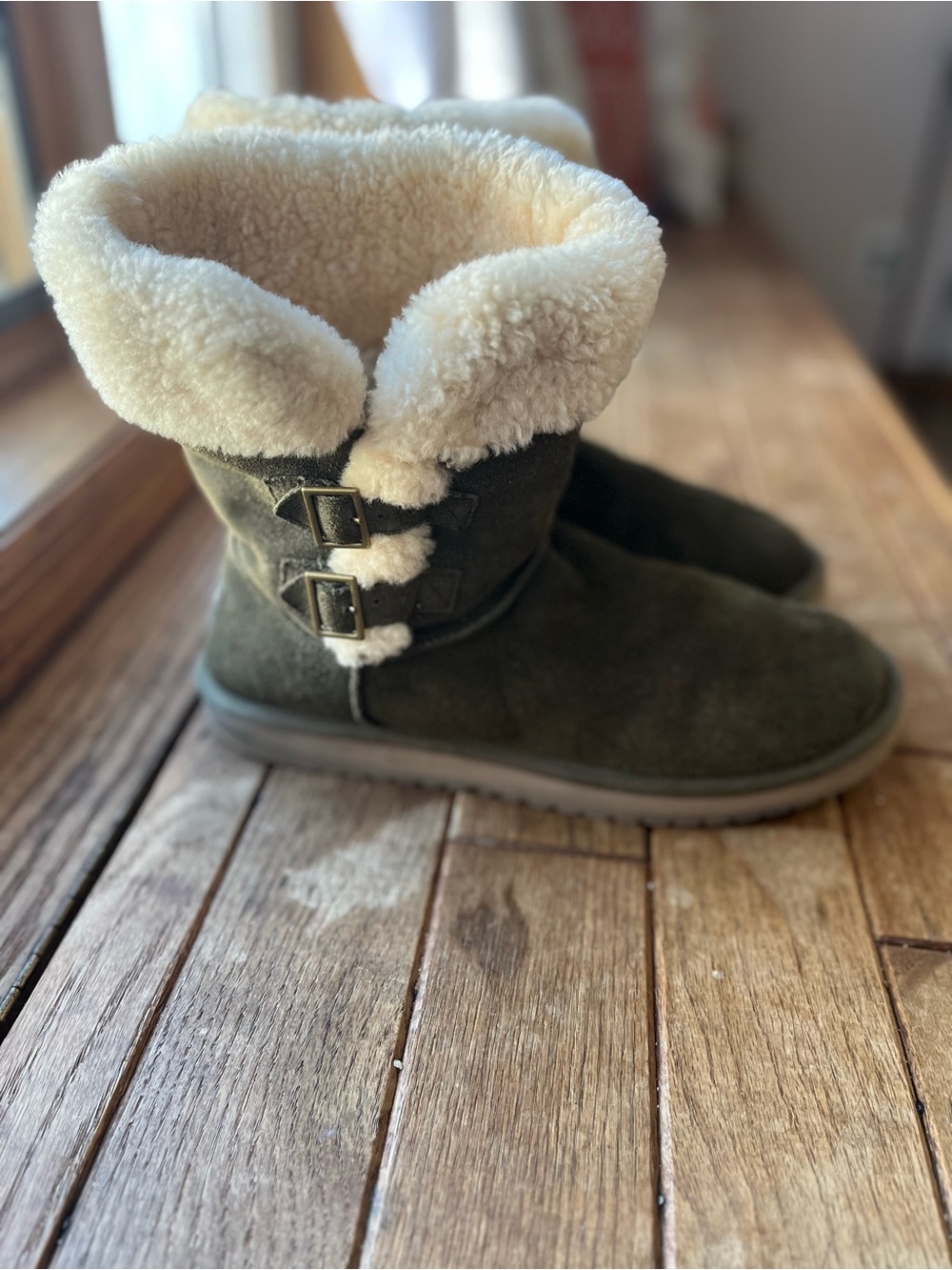 UGG Olive Green Suede Ankle Boots with Cream Shearling Cuff